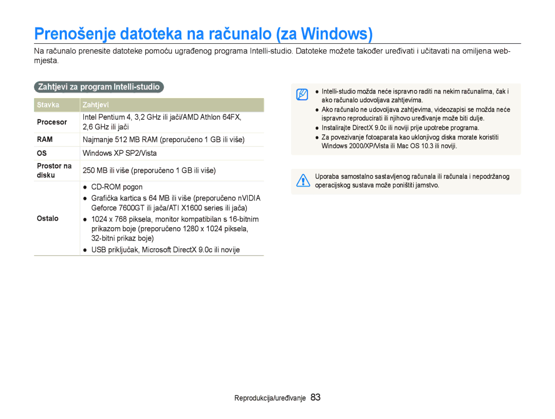 Samsung EC-ST1000BPRE3, EC-ST1000BPSE3 manual Prenošenje datoteka na računalo za Windows, Zahtjevi za program Intelli-studio 