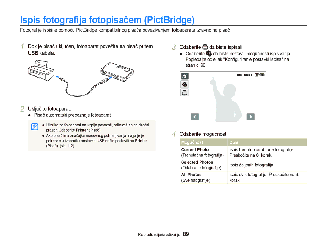 Samsung EC-ST1000BPSE3, EC-ST1000BPBE3, EC-ST1000BPUE3 Ispis fotograﬁja fotopisačem PictBridge, Odaberite da biste ispisali 