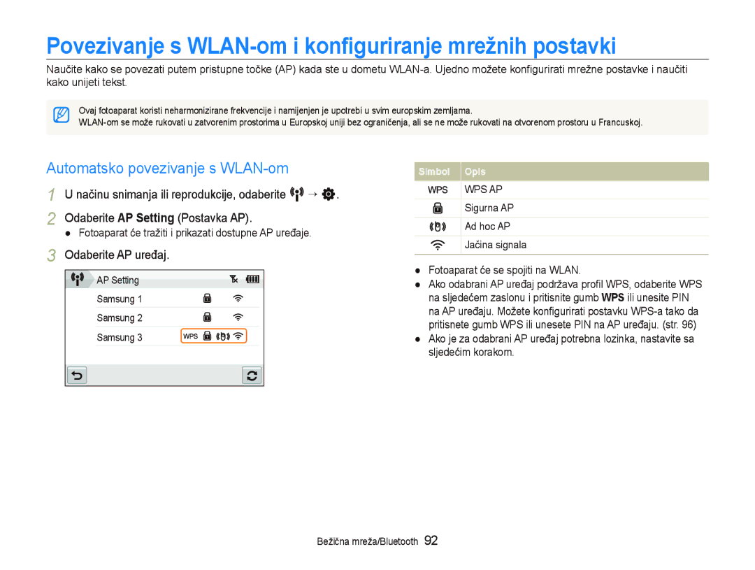 Samsung EC-ST1000BPGE3 manual Povezivanje s WLAN-om i konﬁguriranje mrežnih postavki, Automatsko povezivanje s WLAN-om 