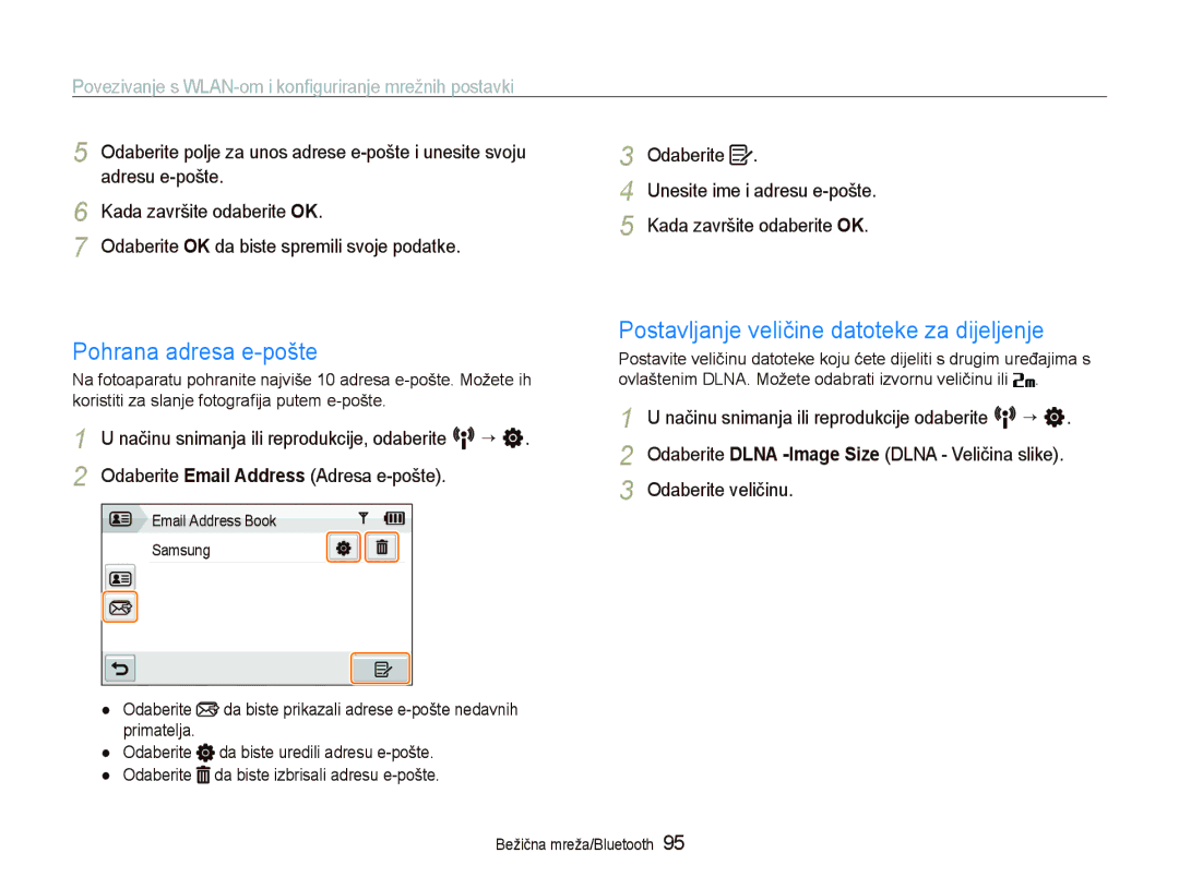 Samsung EC-ST1000BPBE3 manual Pohrana adresa e-pošte, Postavljanje veličine datoteke za dijeljenje, Adresu e-pošte 