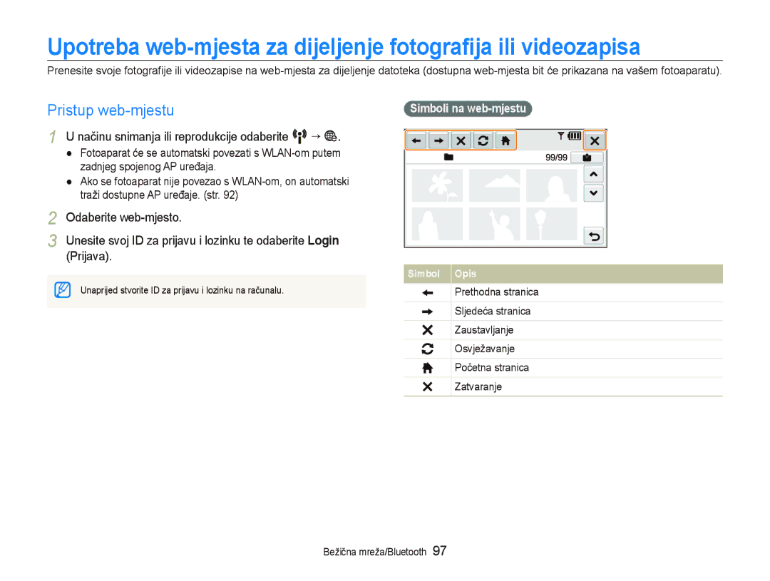 Samsung EC-ST1000BPGE3 Pristup web-mjestu, Načinu snimanja ili reprodukcije odaberite N ¡, Odaberite web-mjesto, Prijava 