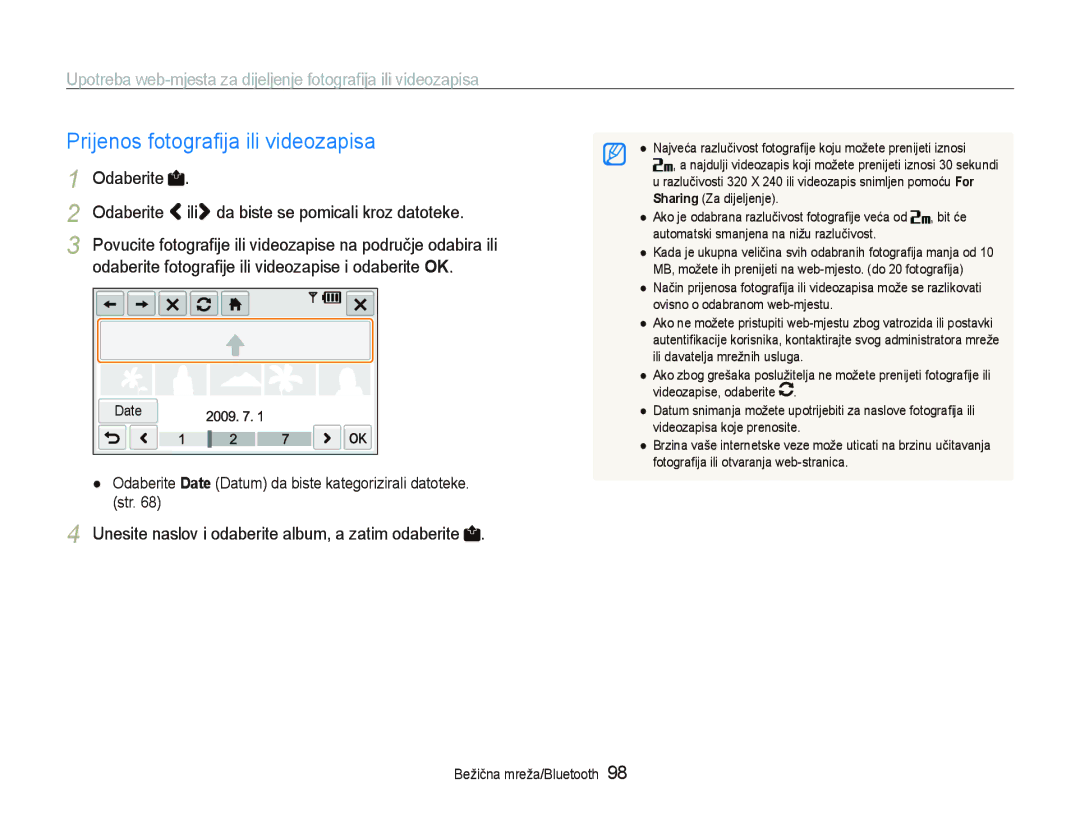 Samsung EC-ST1000BPRE3 manual Prijenos fotograﬁja ili videozapisa, Unesite naslov i odaberite album, a zatim odaberite 