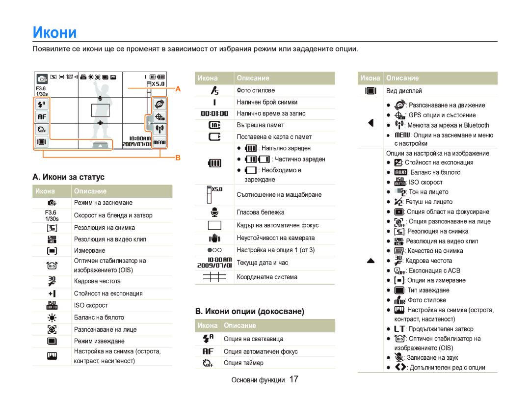 Samsung EC-ST1000BPSE3 manual Икони опции докосване, Опция на светкавица Опция автоматичен фокус Опция таймер 