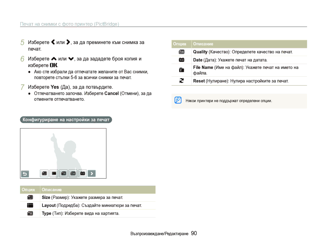 Samsung EC-ST1000BPSE3 manual Печат на снимки с фото принтер PictBridge, Изберете Yes Да, за да потвърдите 
