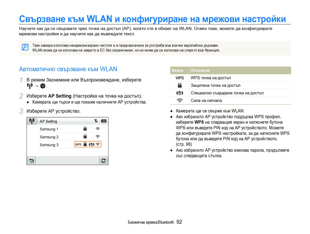 Samsung EC-ST1000BPSE3 manual Автоматично свързване към Wlan, Изберете АР устройство, AP Setting Samsung 