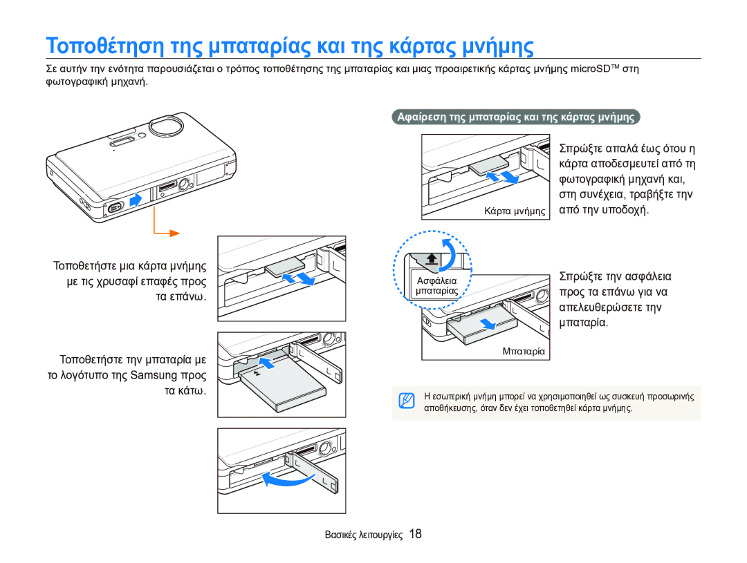 Samsung EC-ST1000BPSE3 manual Τοποθέτηση της μπαταρίας και της κάρτας μνήμης, Τα κάτω 