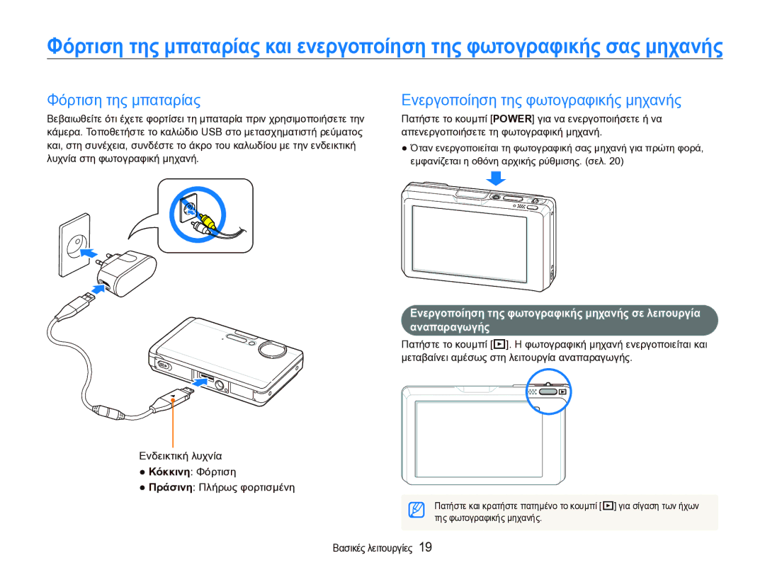 Samsung EC-ST1000BPSE3 manual Φόρτιση της μπαταρίας, Ενεργοποίηση της φωτογραφικής μηχανής, Της φωτογραφικής μηχανής 