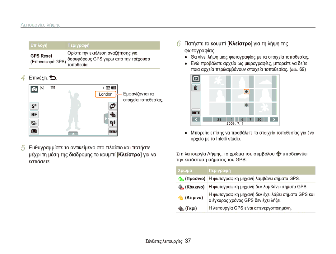 Samsung EC-ST1000BPSE3 manual Πατήστε το κουμπί Κλείστρο για τη λήψη της φωτογραφίας, Επαναφορά GPS 