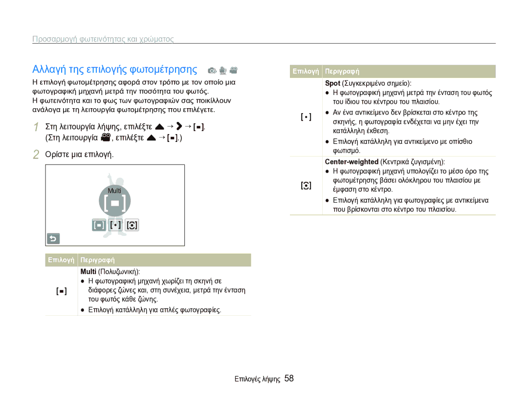Samsung EC-ST1000BPSE3 manual Αλλαγή της επιλογής φωτομέτρησης p d, Έμφαση στο κέντρο, Multi 