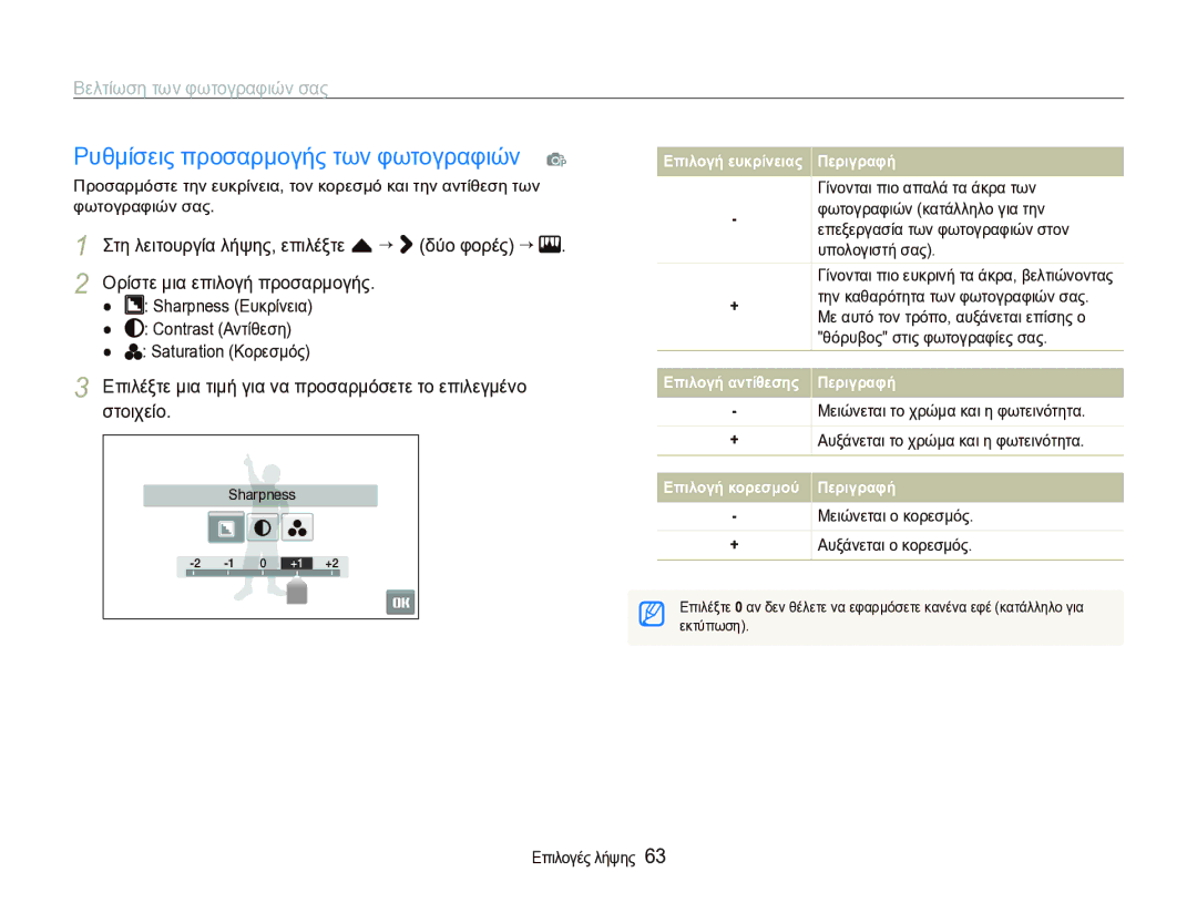 Samsung EC-ST1000BPSE3 manual Ρυθμίσεις προσαρμογής των φωτογραφιών p, Βελτίωση των φωτογραφιών σας 