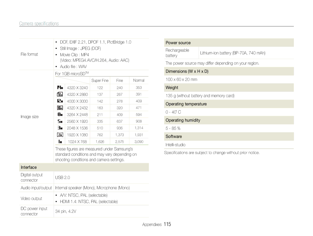 Samsung EC-ST100ZBDLVN, EC-ST100ZBPBE1, EC-ST100ZBPGIT Image size, Interface Power source, Digital output USB Connector 