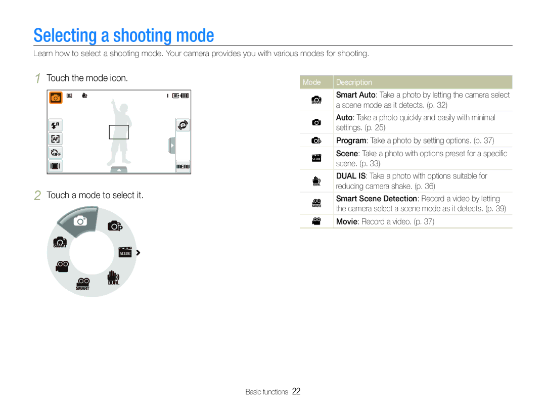 Samsung EC-ST100ZBPPZA manual Selecting a shooting mode, Touch the mode icon Touch a mode to select it, Mode Description 