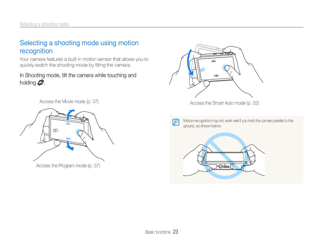 Samsung EC-ST100ZBPBE1, EC-ST100ZBPGIT, EC-ST100ZBDLVN, EC-ST100ZBPBIL Selecting a shooting mode using motion recognition 