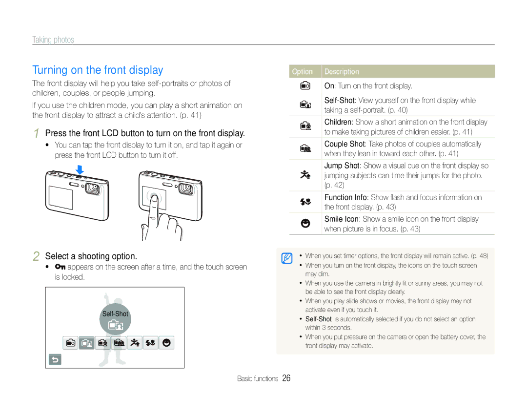 Samsung EC-ST100ZBPBIL, EC-ST100ZBPBE1 manual Turning on the front display, Taking photos, Select a shooting option 