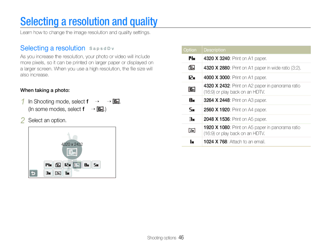 Samsung EC-ST100ZBPPZA, EC-ST100ZBPBE1 manual Selecting a resolution and quality, Selecting a resolution S a p s d D 