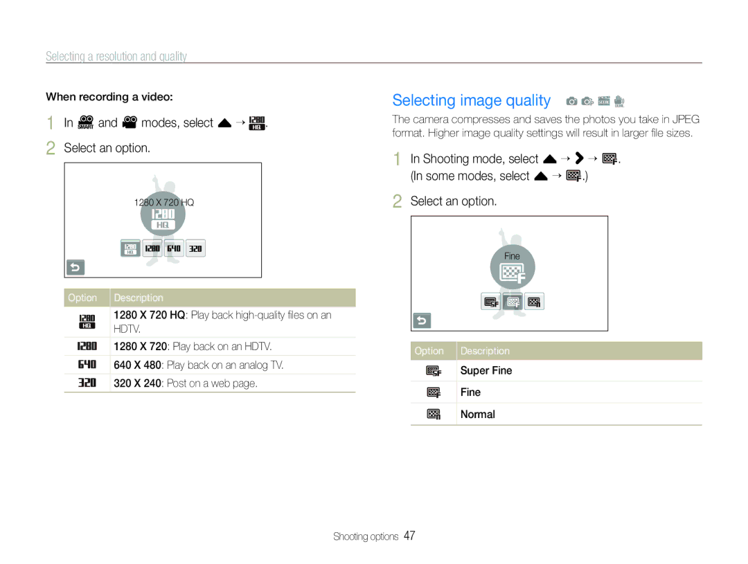 Samsung EC-ST100ZBPBE1, EC-ST100ZBPGIT manual Selecting image quality a p s d, Selecting a resolution and quality, Option 