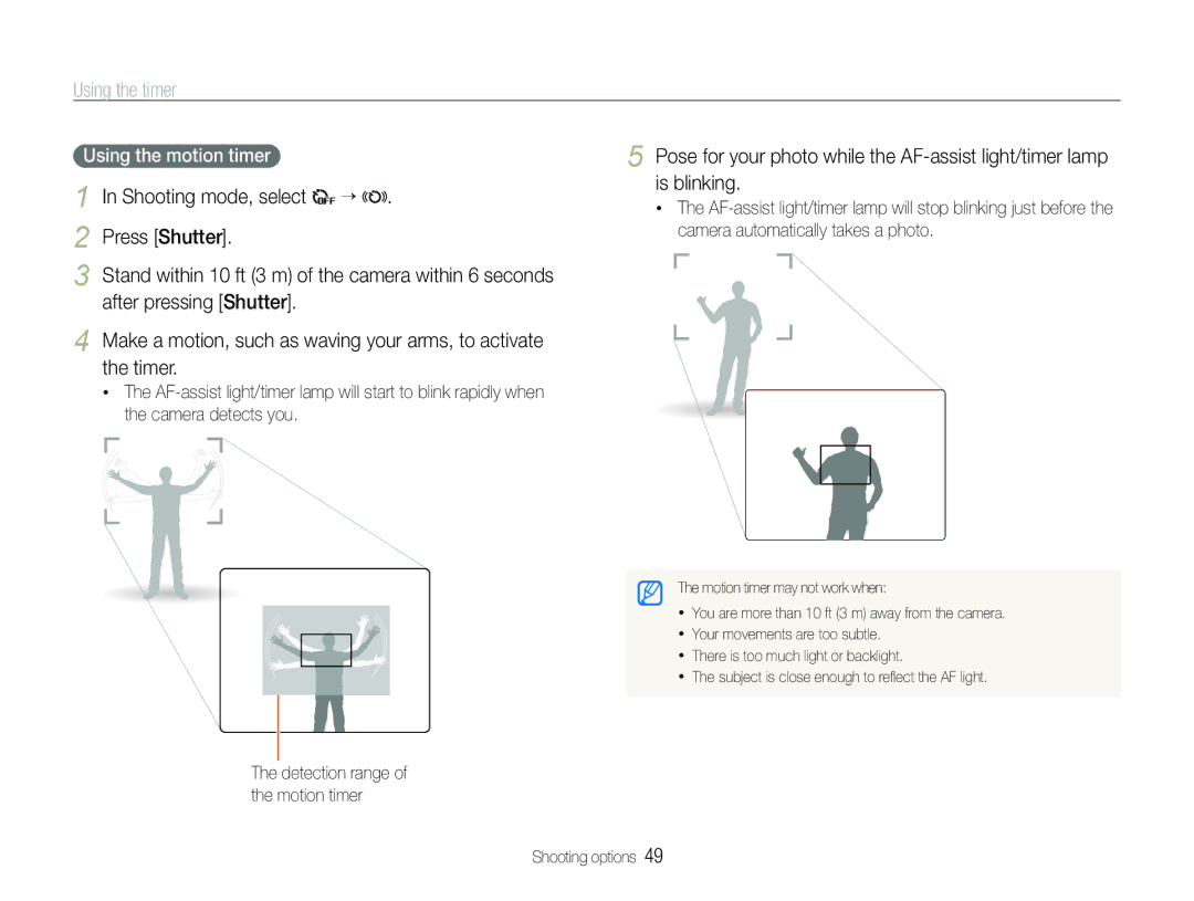 Samsung EC-ST100ZBDLVN manual Using the timer, Using the motion timer, Detection range of the motion timer Shooting options 