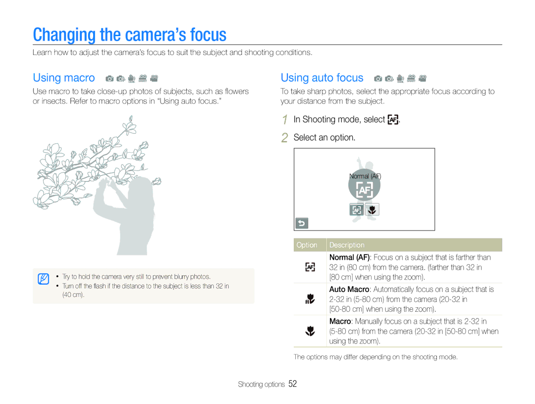 Samsung EC-ST100ZBPPZA, EC-ST100ZBPBE1 manual Changing the camera’s focus, Using macro a p d D Using auto focus a p d D 