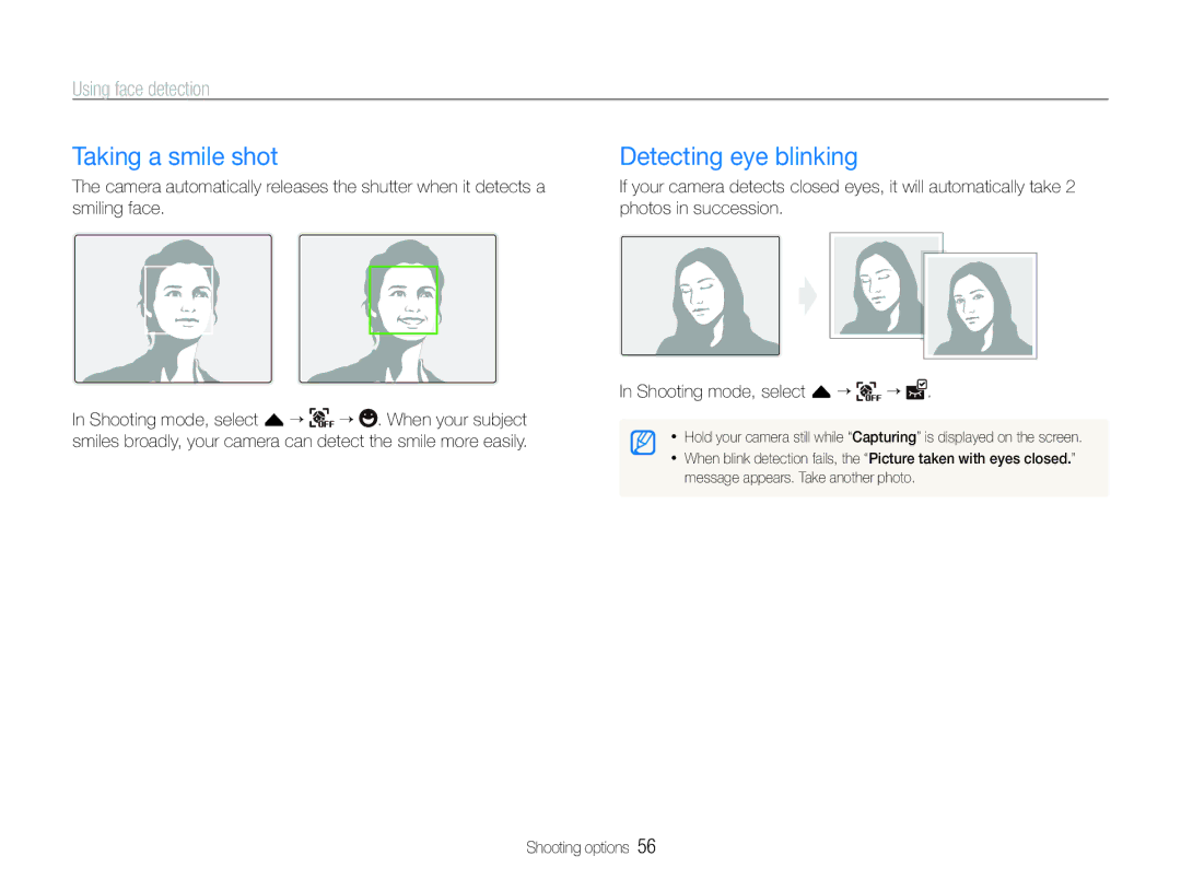 Samsung EC-ST100ZBPBIL, EC-ST100ZBPBE1, EC-ST100ZBPGIT Taking a smile shot, Detecting eye blinking, Using face detection 