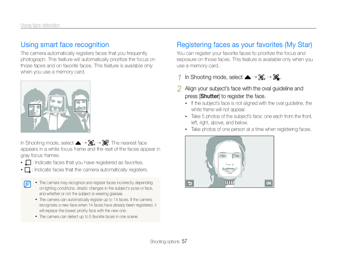 Samsung EC-ST100ZBPPTR, EC-ST100ZBPBE1 manual Using smart face recognition, Registering faces as your favorites My Star 