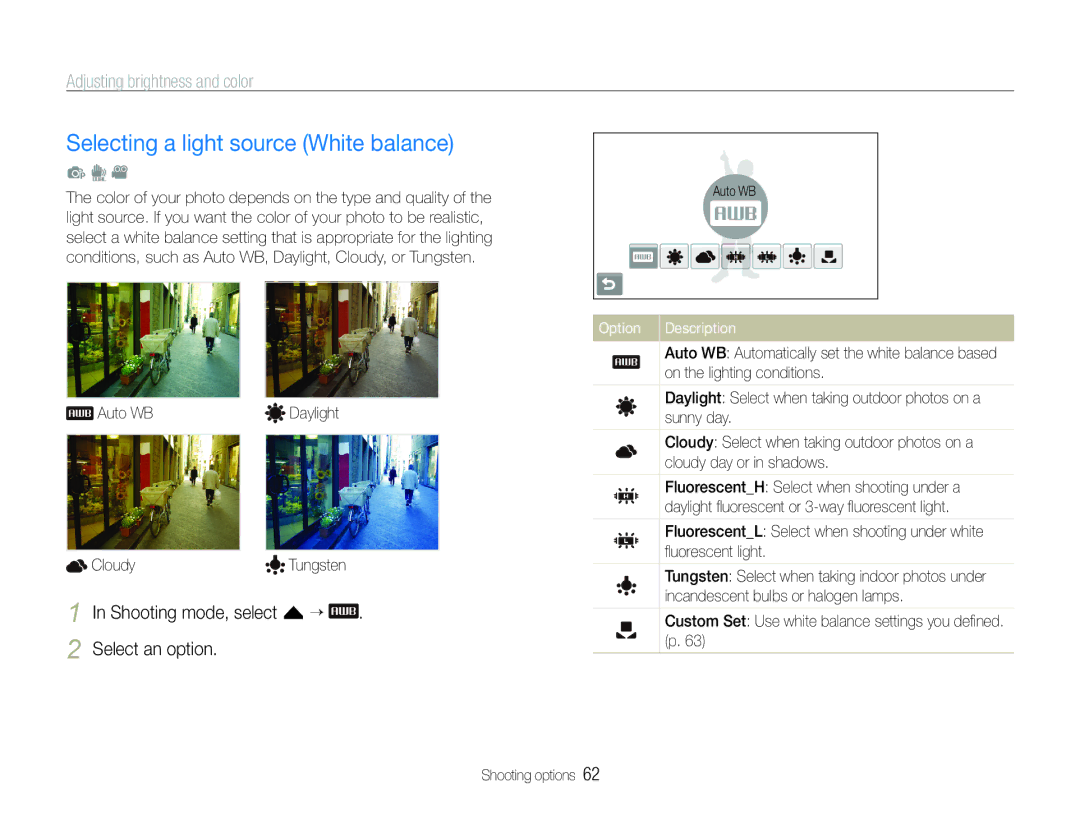 Samsung EC-ST100ZBPBIL, EC-ST100ZBPBE1 Selecting a light source White balance, Shooting mode, select f ““ Select an option 