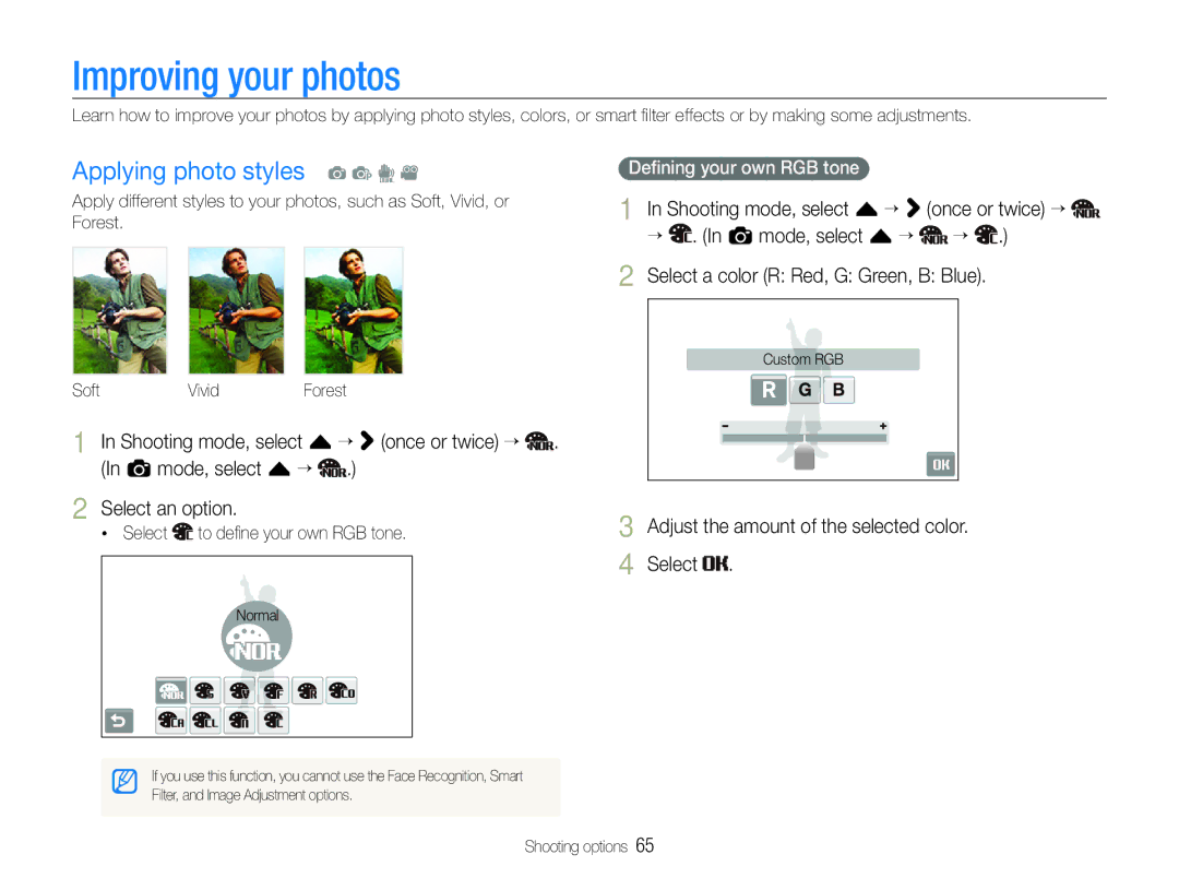 Samsung EC-ST100ZBPBE1 Improving your photos, Applying photo styles a p d, Adjust the amount of the selected color. Select 