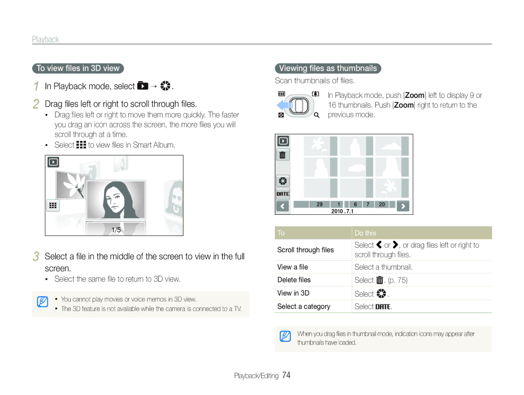 Samsung EC-ST100ZBPBIL manual Select to view ﬁles in Smart Album, Viewing ﬁles as thumbnails, Do this, Scroll through ﬁles 