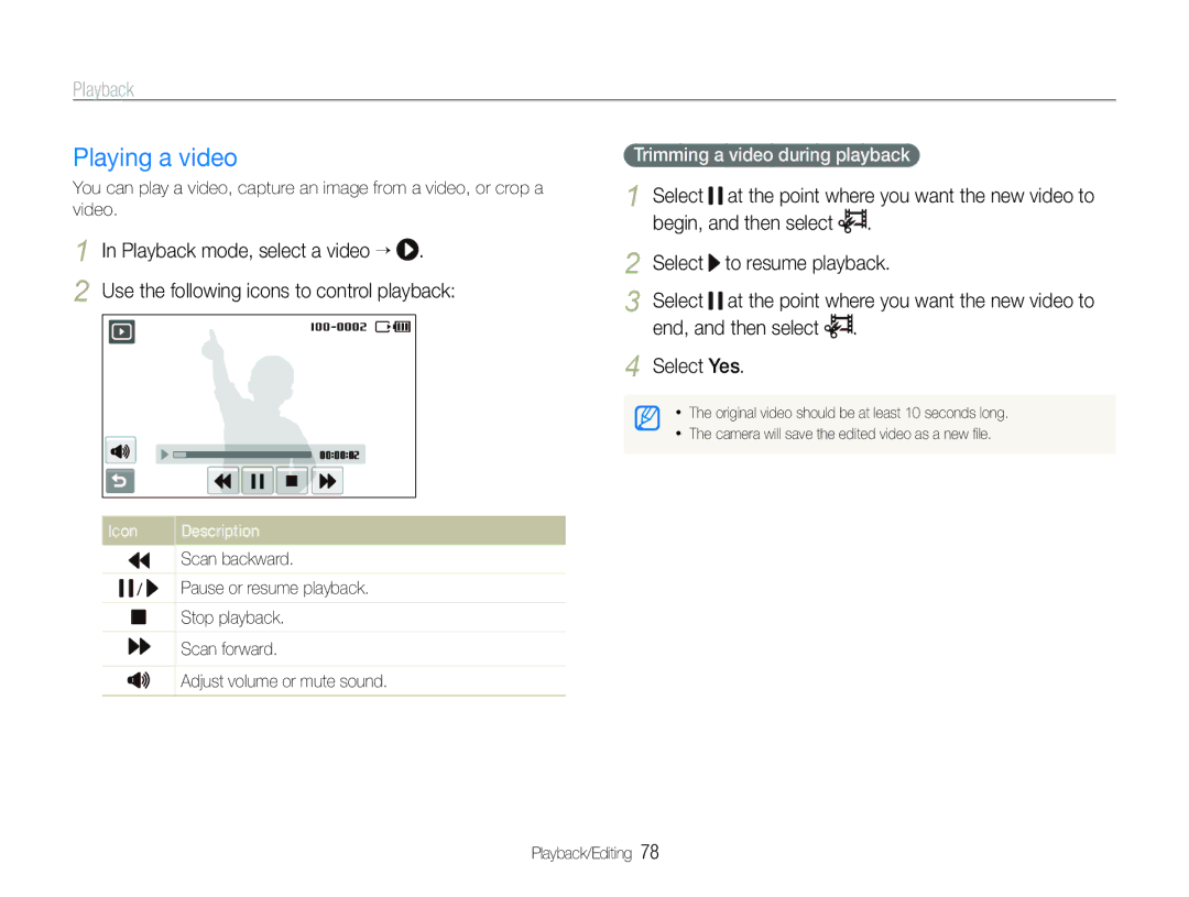 Samsung EC-ST100ZBPGIT Playing a video, Playback mode, select a video “, Select Yes, Trimming a video during playback 