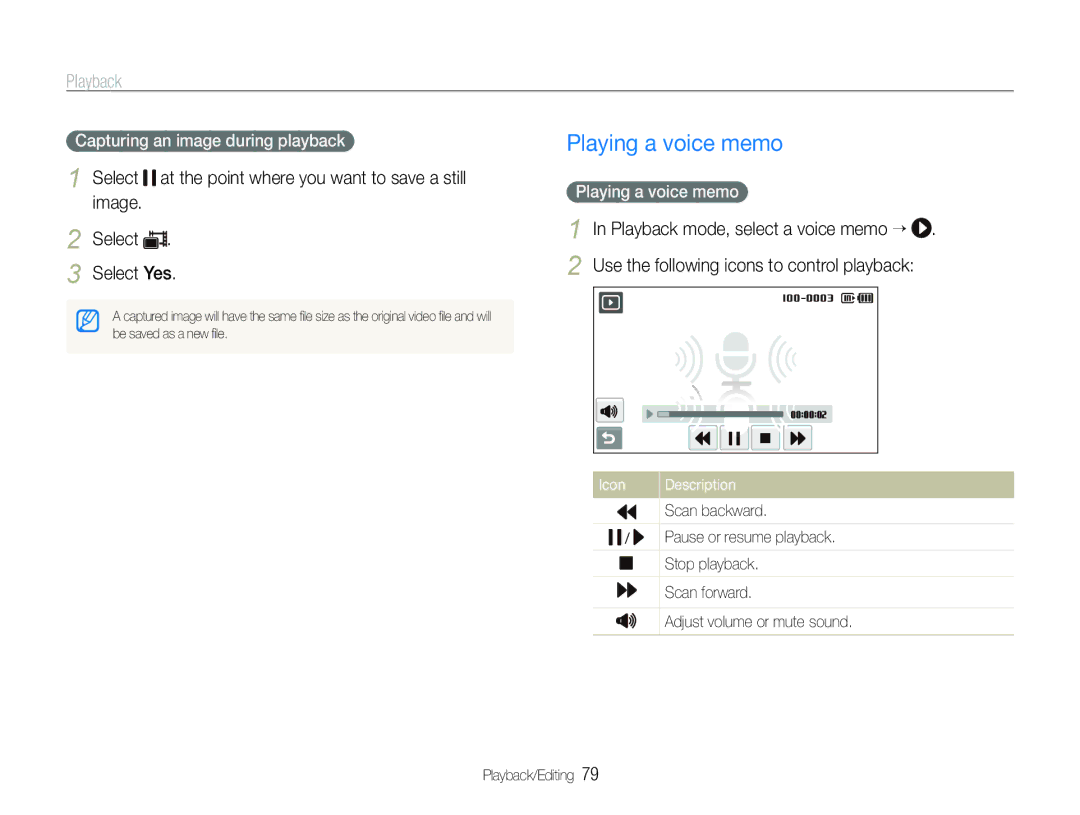 Samsung EC-ST100ZBDLVN, EC-ST100ZBPBE1, EC-ST100ZBPGIT manual Playing a voice memo, Capturing an image during playback 