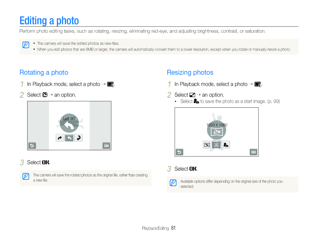 Samsung EC-ST100ZBPPTR Editing a photo, Rotating a photo, Resizing photos, Select to save the photo as a start image. p 