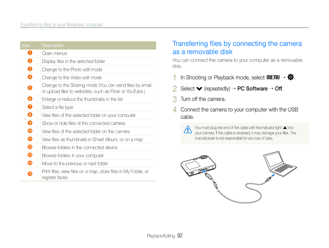 Samsung EC-ST100ZBPBIL Shooting or Playback mode, select M ““, Select . repeatedly ““PC Software ““Off, Icon, Open menus 