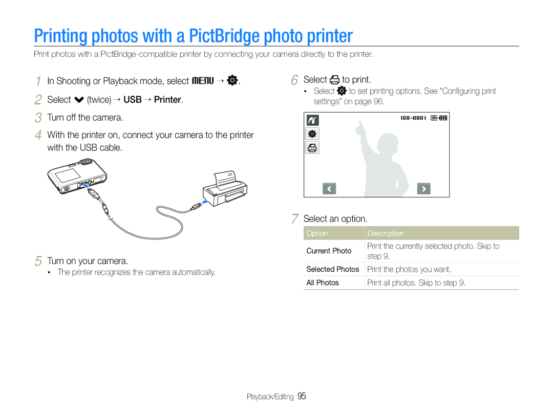 Samsung EC-ST100ZBPBE1 Printing photos with a PictBridge photo printer, Select . twice ““USB ““Printer, With the USB cable 