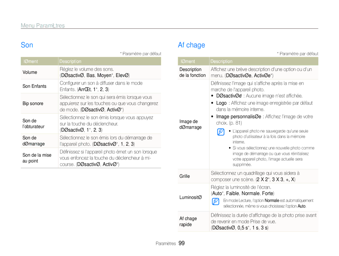 Samsung EC-ST100ZBPBE1 manual Son, Afﬁchage, Menu Paramètres, Élément Description 