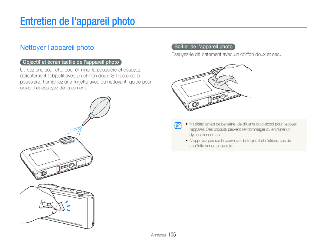 Samsung EC-ST100ZBPBE1 manual Entretien de lappareil photo, Nettoyer lappareil photo, Boîtier de lappareil photo 