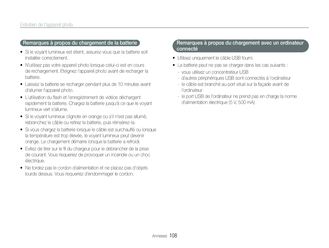 Samsung EC-ST100ZBPBE1 manual Remarques à propos du chargement de la batterie 