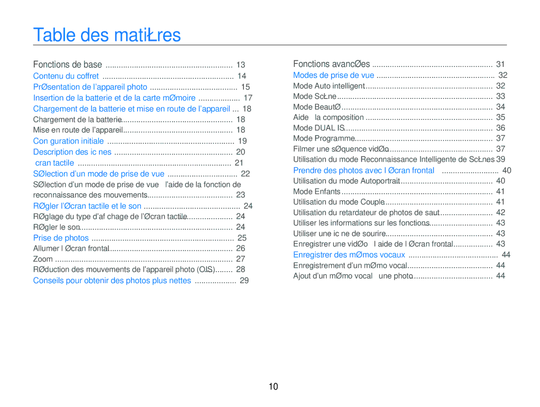 Samsung EC-ST100ZBPBE1 manual Table des matières 