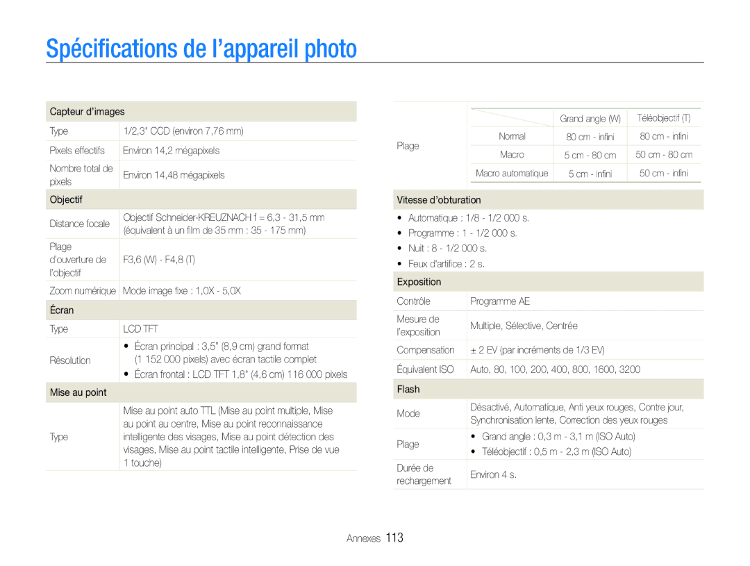 Samsung EC-ST100ZBPBE1 manual Spéciﬁcations de l’appareil photo,  Écran principal 3,5 8,9 cm grand format, Touche 