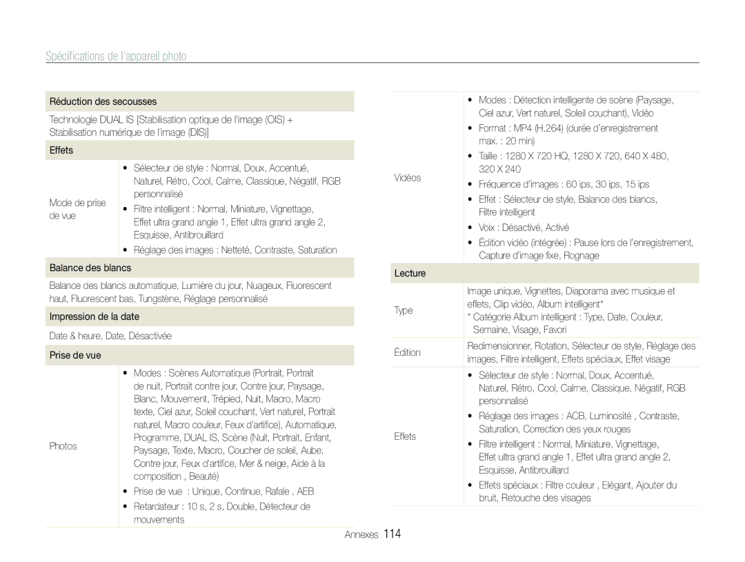 Samsung EC-ST100ZBPBE1 manual Spéciﬁcations de l’appareil photo, Technologie Dual is Stabilisation optique de limage OIS + 