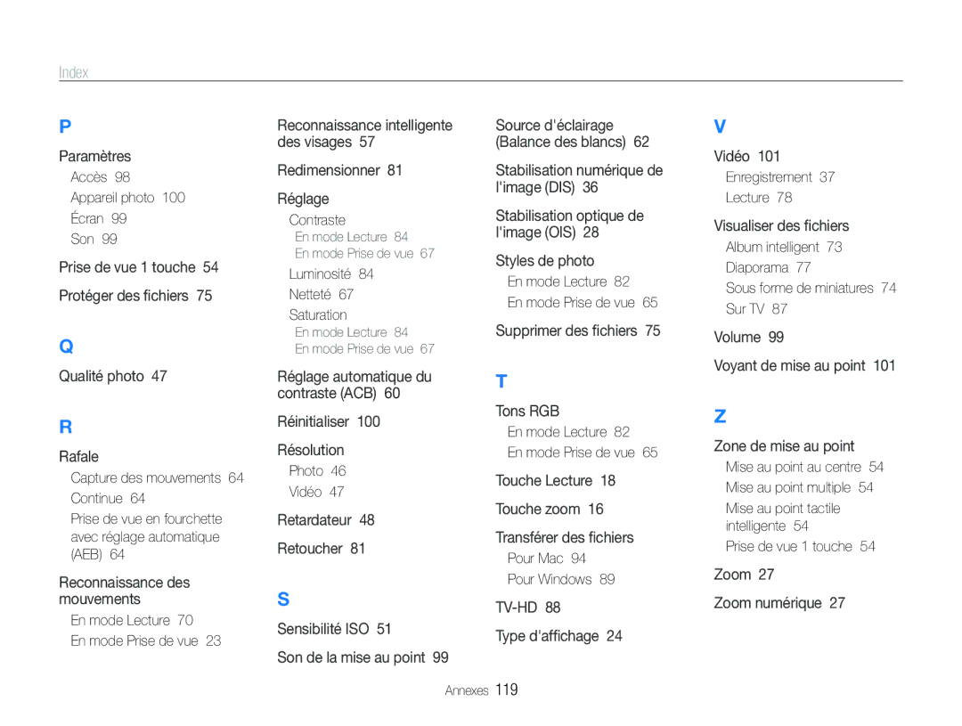 Samsung EC-ST100ZBPBE1 manual Accès Appareil photo 100 Écran Son, Netteté Saturation, Pour Mac Pour Windows 