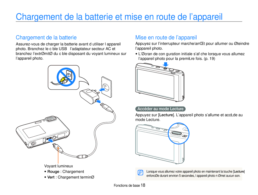 Samsung EC-ST100ZBPBE1 manual Chargement de la batterie et mise en route de lappareil, Mise en route de lappareil 