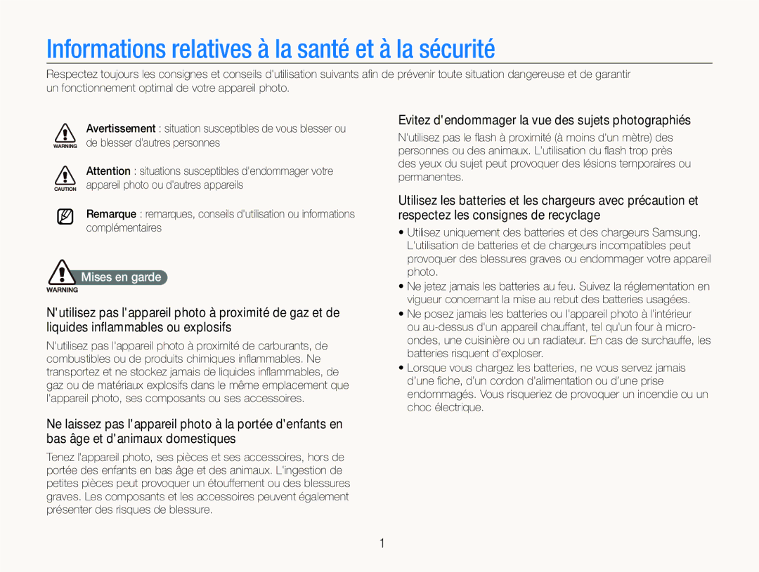 Samsung EC-ST100ZBPBE1 manual Informations relatives à la santé et à la sécurité, Mises en garde 