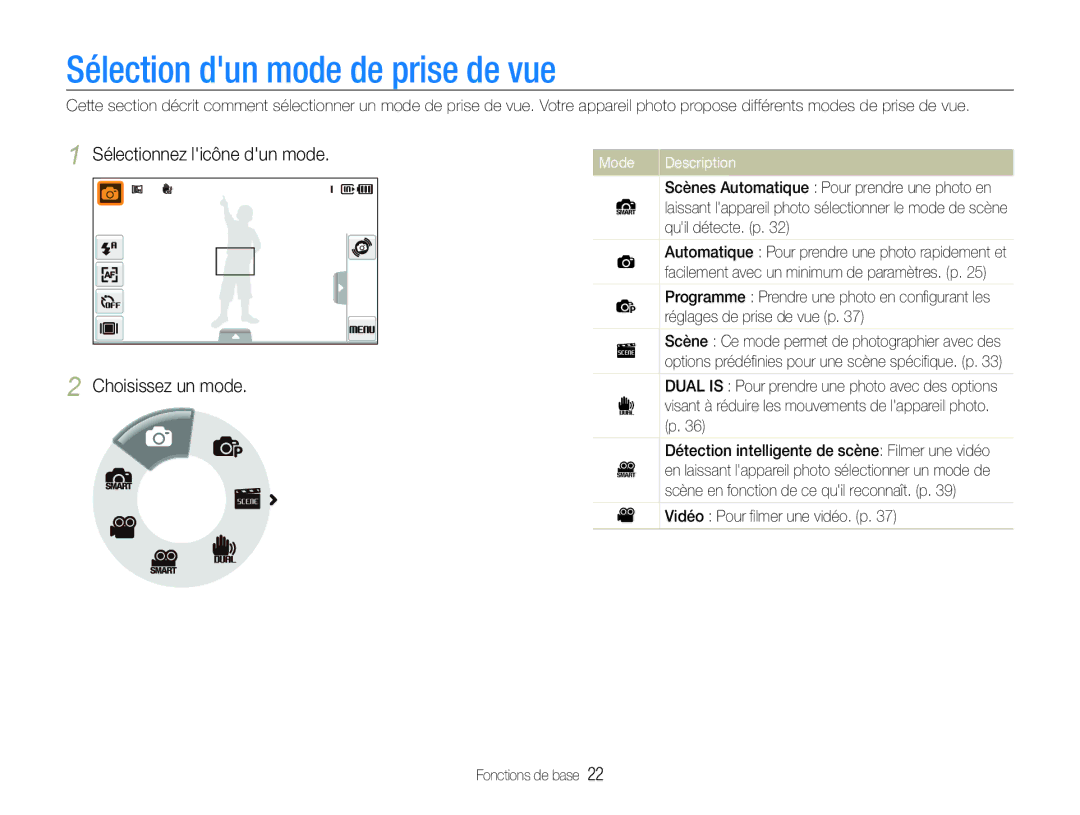 Samsung EC-ST100ZBPBE1 manual Sélection dun mode de prise de vue, Sélectionnez licône dun mode Choisissez un mode, Mode 