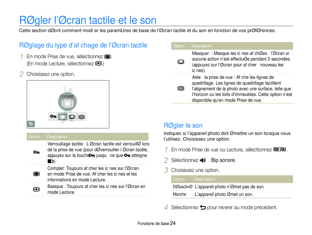 Samsung EC-ST100ZBPBE1 manual Régler lécran tactile et le son, Réglage du type dafﬁchage de lécran tactile, Régler le son 