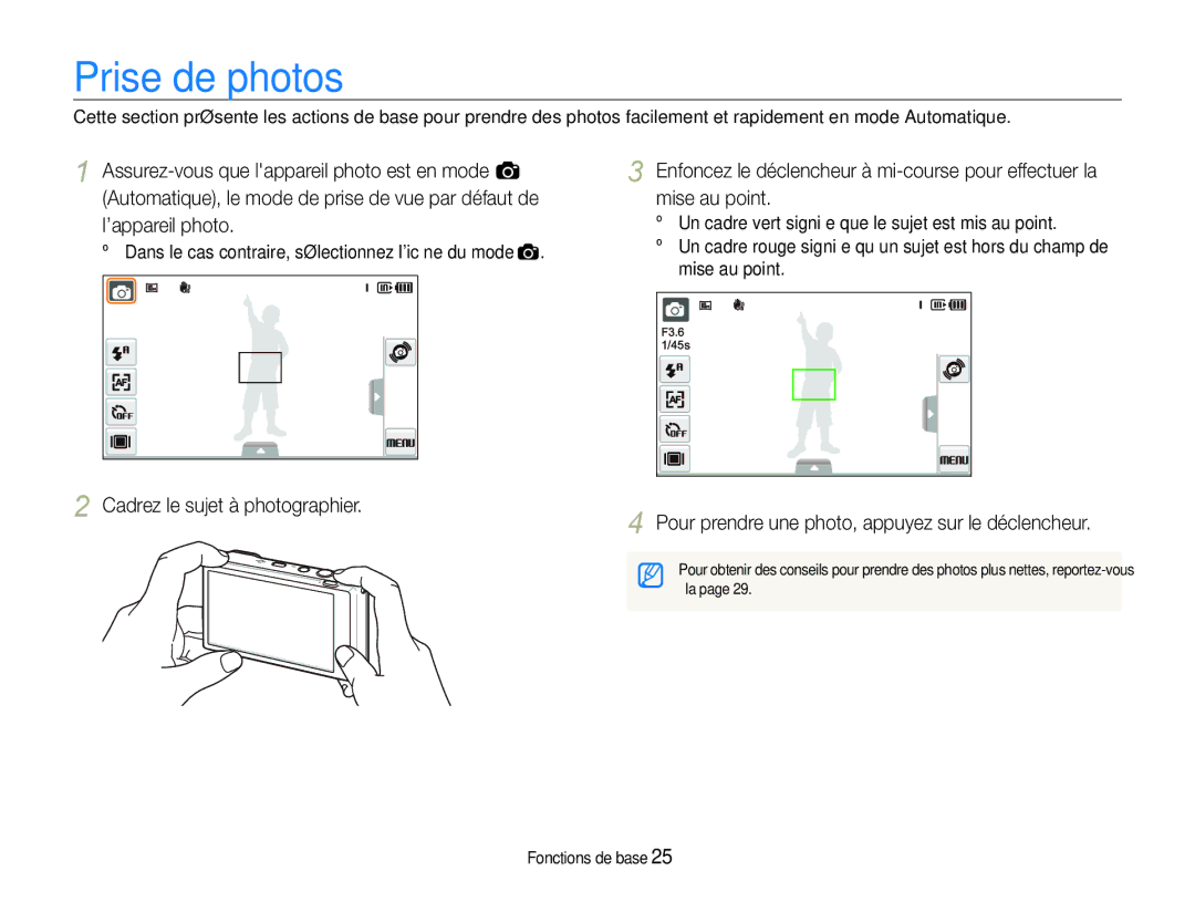 Samsung EC-ST100ZBPBE1 manual Prise de photos, Pour prendre une photo, appuyez sur le déclencheur 