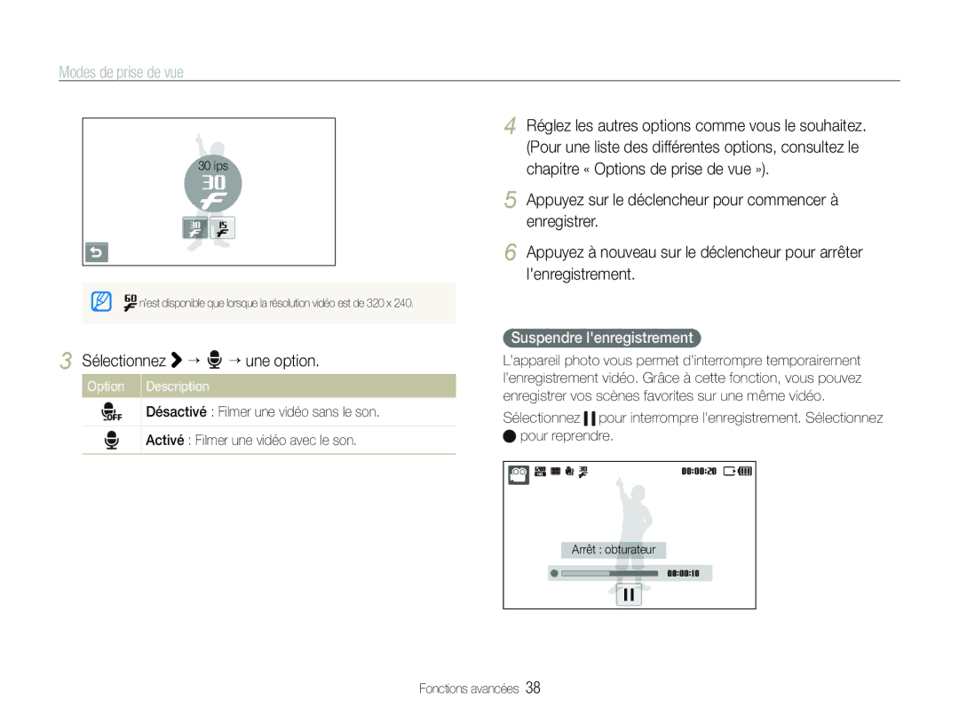 Samsung EC-ST100ZBPBE1 manual Sélectionnez ““ ““une option, Suspendre lenregistrement 