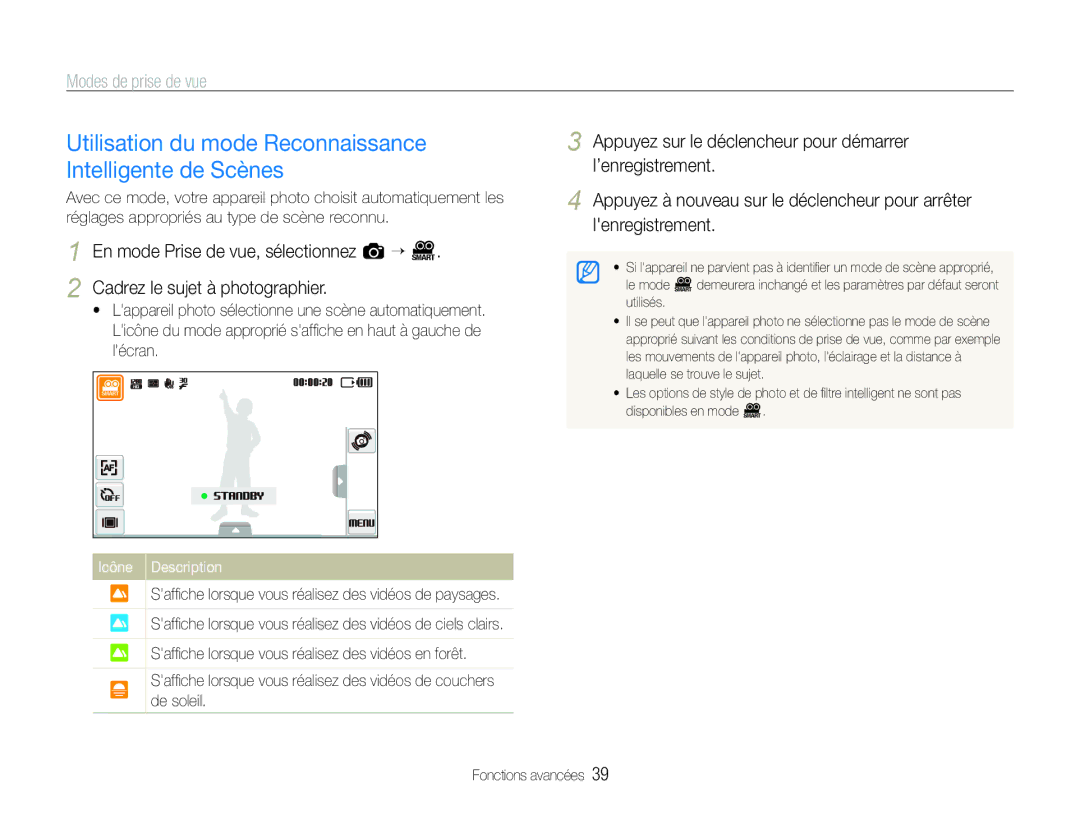 Samsung EC-ST100ZBPBE1 manual Cadrez le sujet à photographier, Safﬁche lorsque vous réalisez des vidéos de paysages 