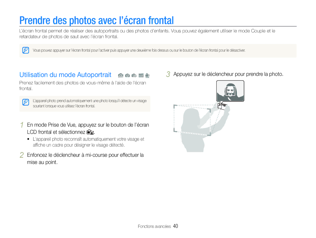 Samsung EC-ST100ZBPBE1 manual Prendre des photos avec l’écran frontal, Utilisation du mode Autoportrait S a p s d 