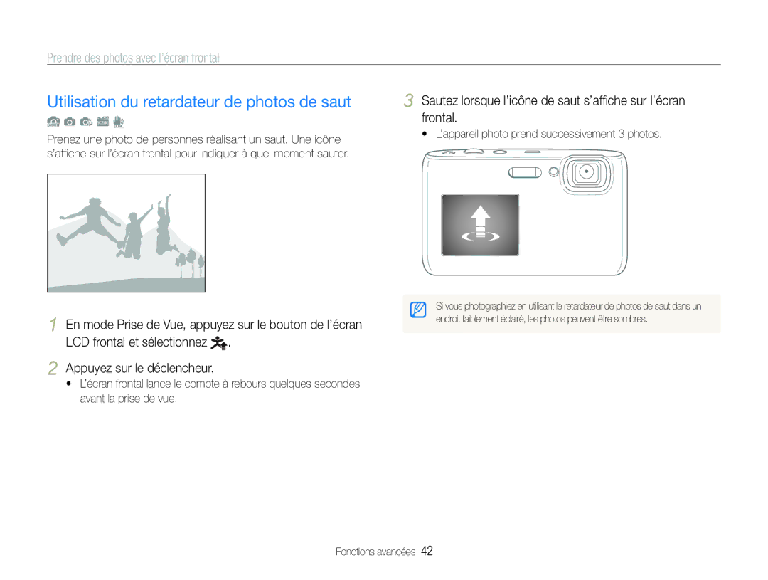 Samsung EC-ST100ZBPBE1 manual Utilisation du retardateur de photos de saut 