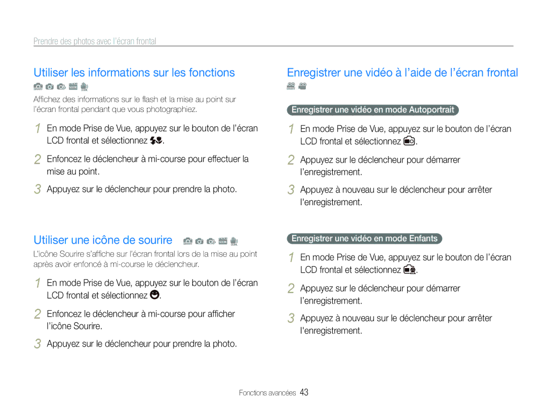 Samsung EC-ST100ZBPBE1 manual Utiliser les informations sur les fonctions, Utiliser une icône de sourire S a p s d 