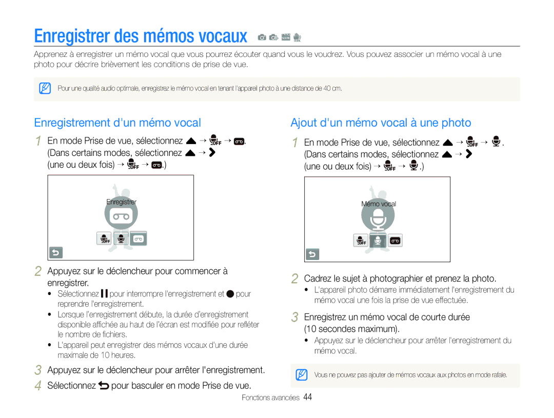 Samsung EC-ST100ZBPBE1 manual Enregistrer des mémos vocaux a p s d, Enregistrement dun mémo vocal 